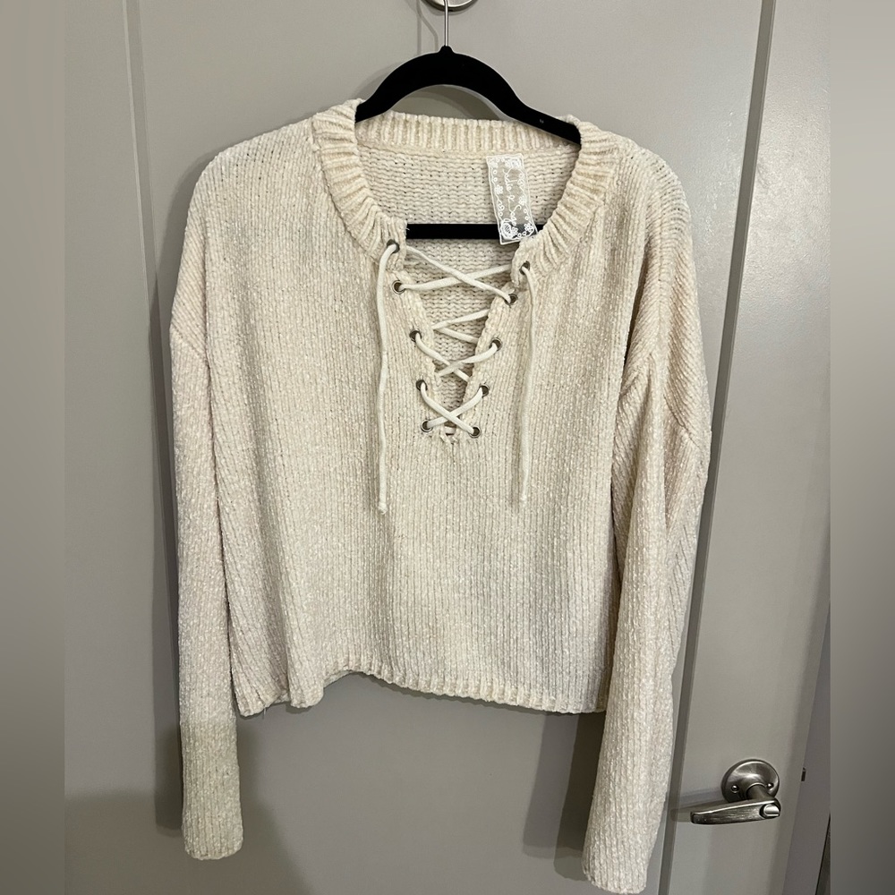 Lace Up Chenille Cropped Sweater